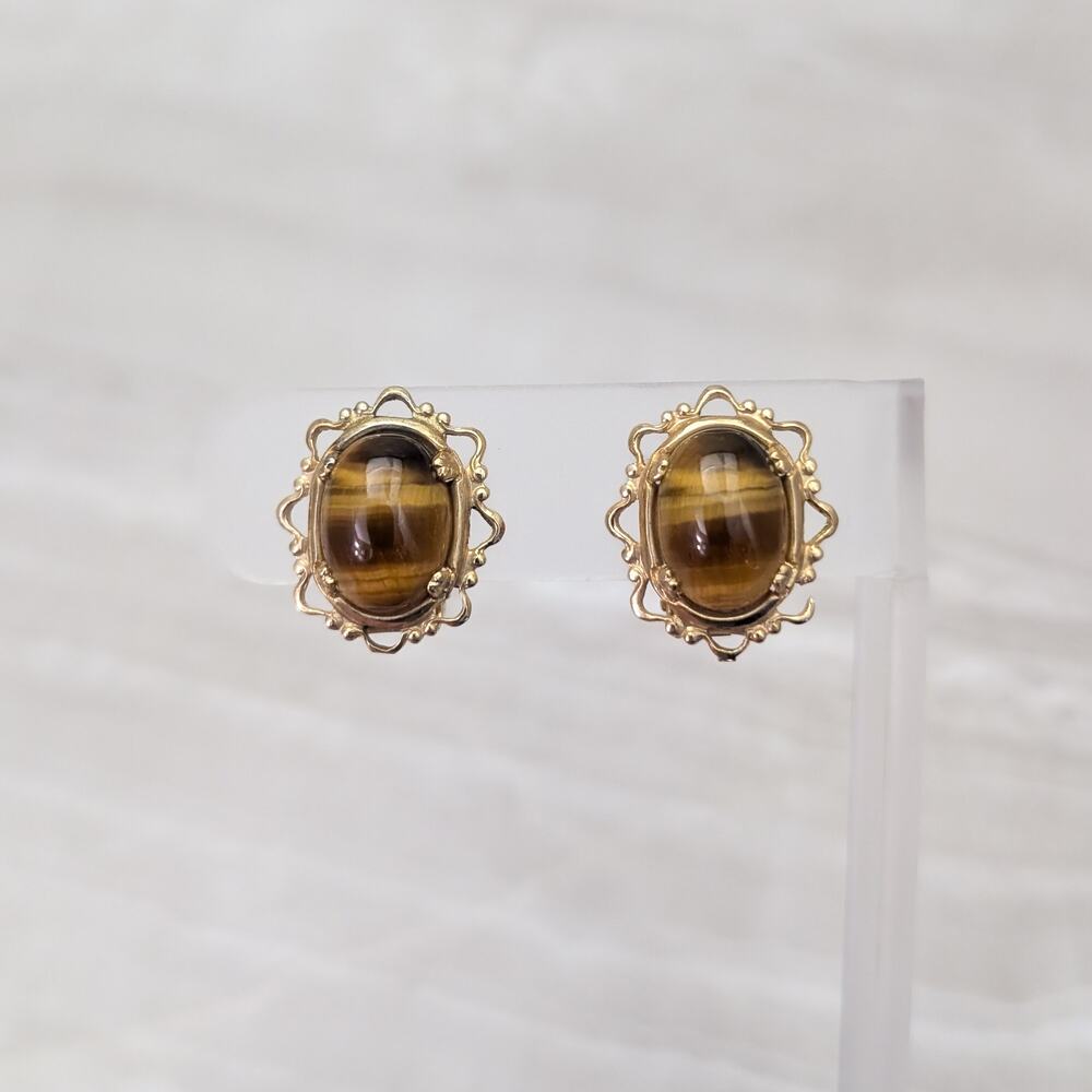 Vintage Clip On Earrings Tigers Eye with Ornate Halo Brown & Gold Tone Earrings